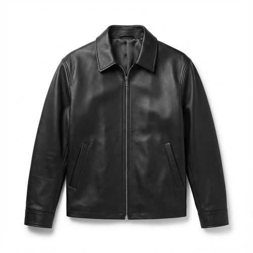 Black leather jacket, flat lay
