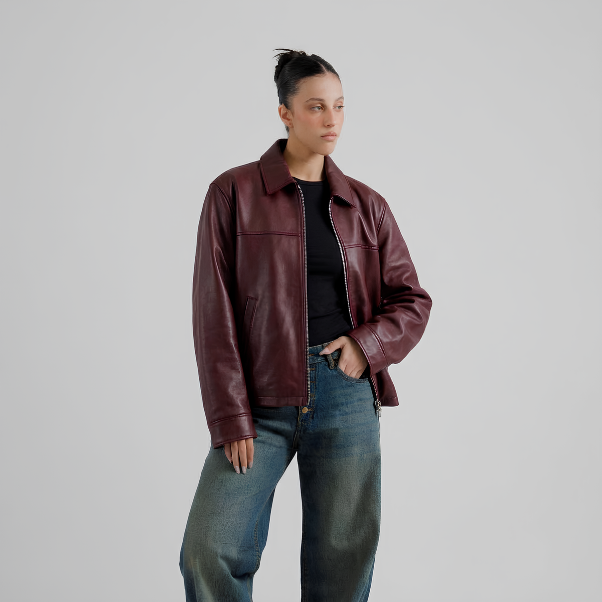 Burgundy leather jacket, front