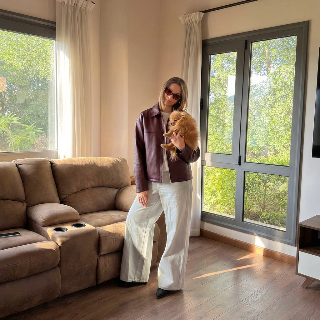 Burgundy leather jacket, styled with white trousers