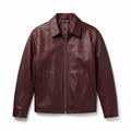 Burgundy leather jacket, flat lay