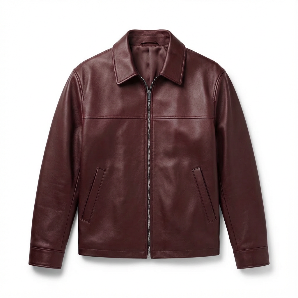 Burgundy leather jacket, flat lay