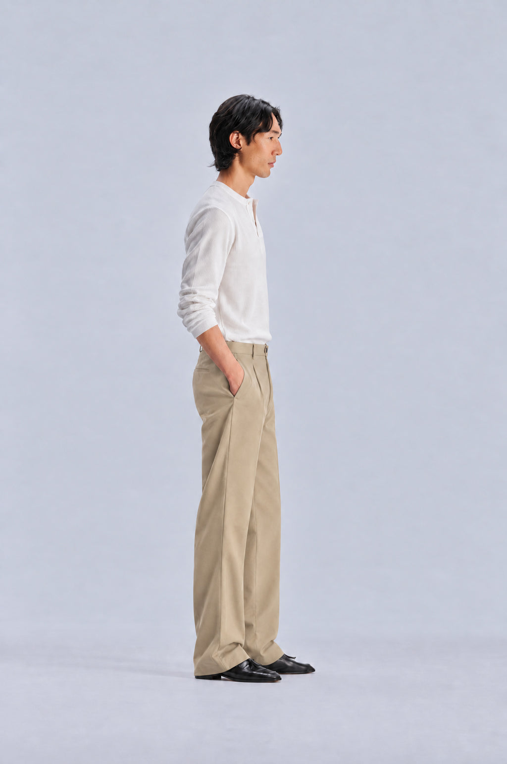 Beige Tailored Trousers styled with the white long sleeve henley, side