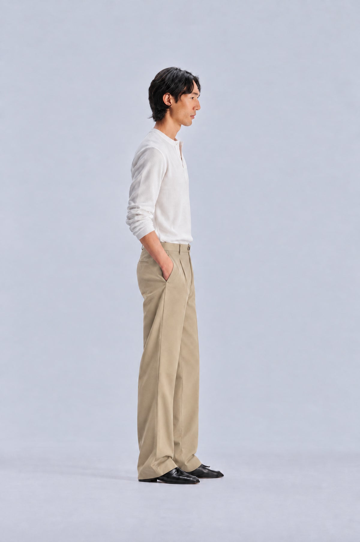 Beige Tailored Trousers styled with the white long sleeve henley, side