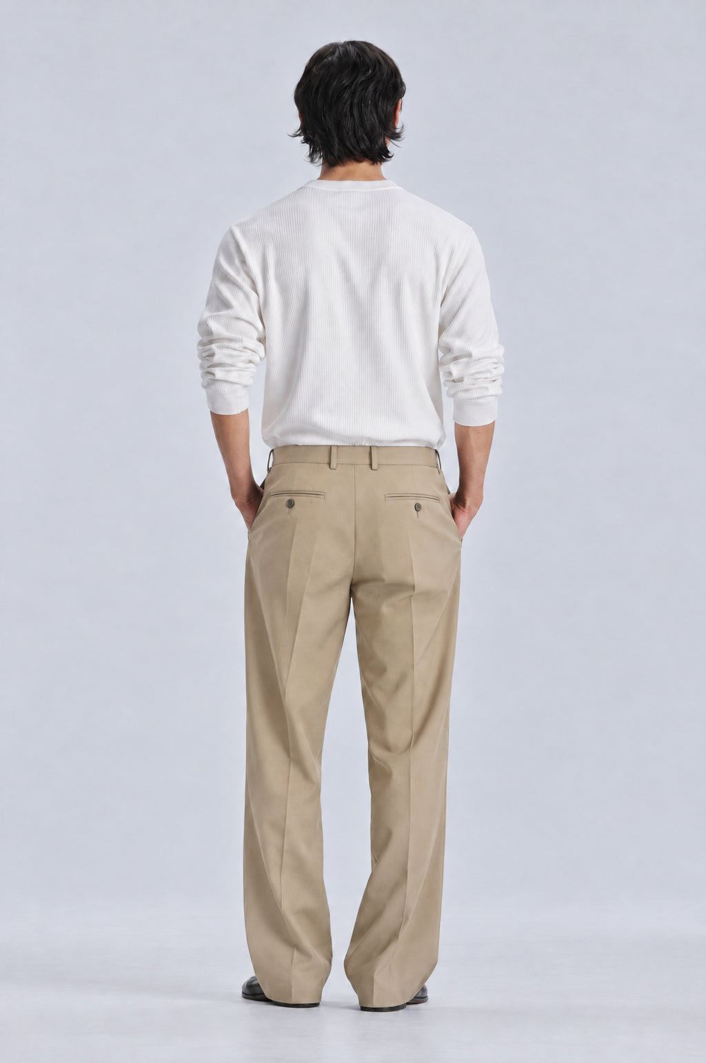 Beige Tailored Trousers styled with the white long sleeve henley, back