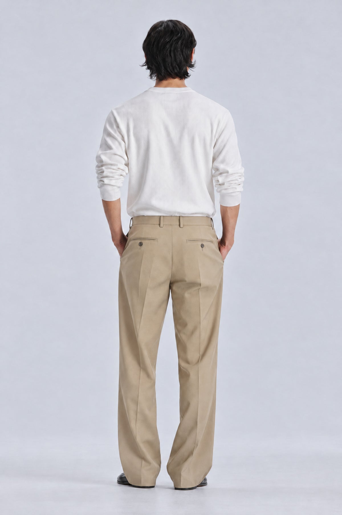 Beige Tailored Trousers styled with the white long sleeve henley, back