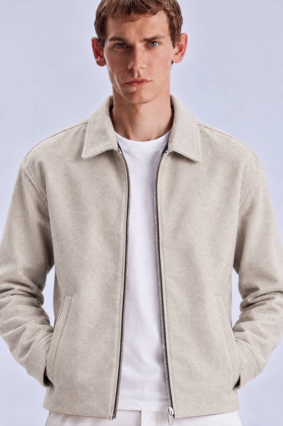 Beige wool jacket, close-up