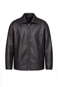 Black leather jacket, flat lay