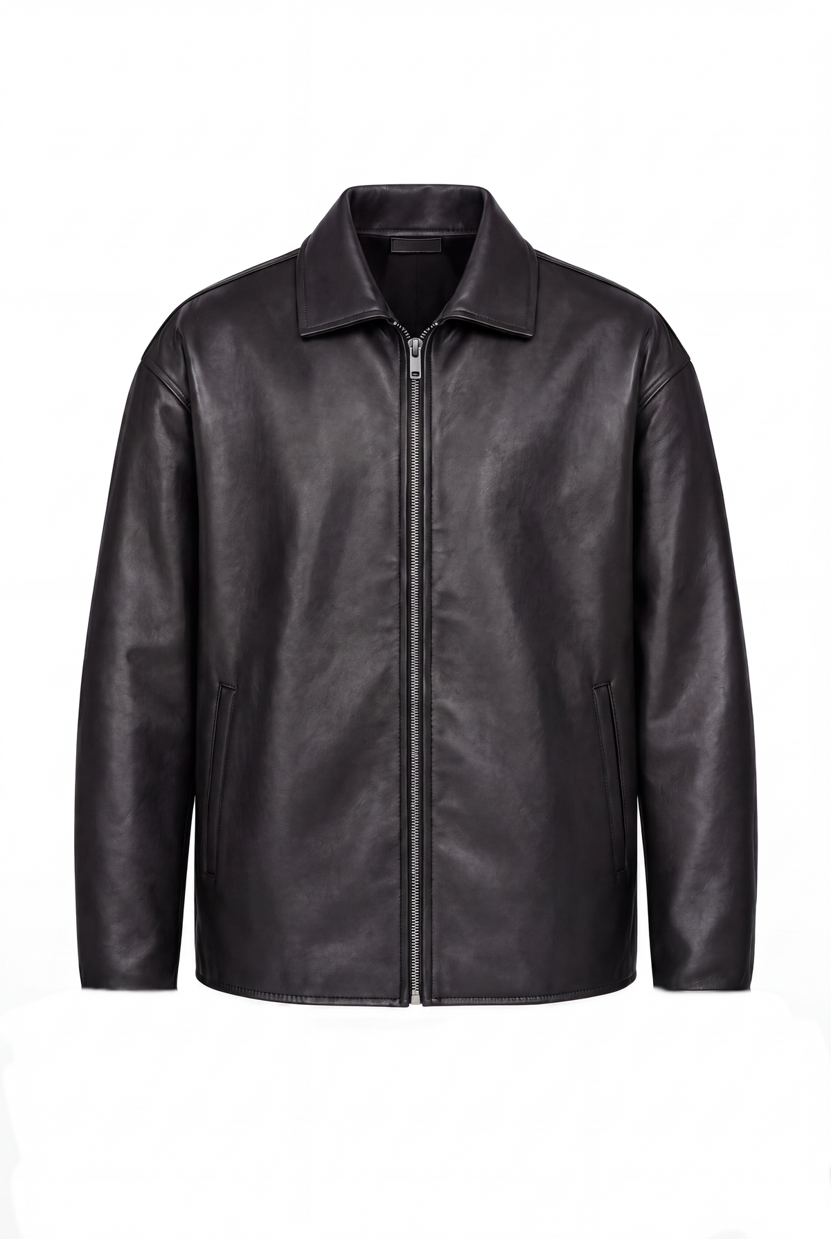 Black leather jacket, flat lay