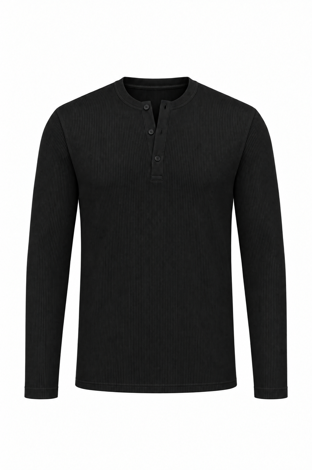 Black long sleeve henley shirt, flat lay