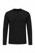 Black long sleeve henley shirt, flat lay