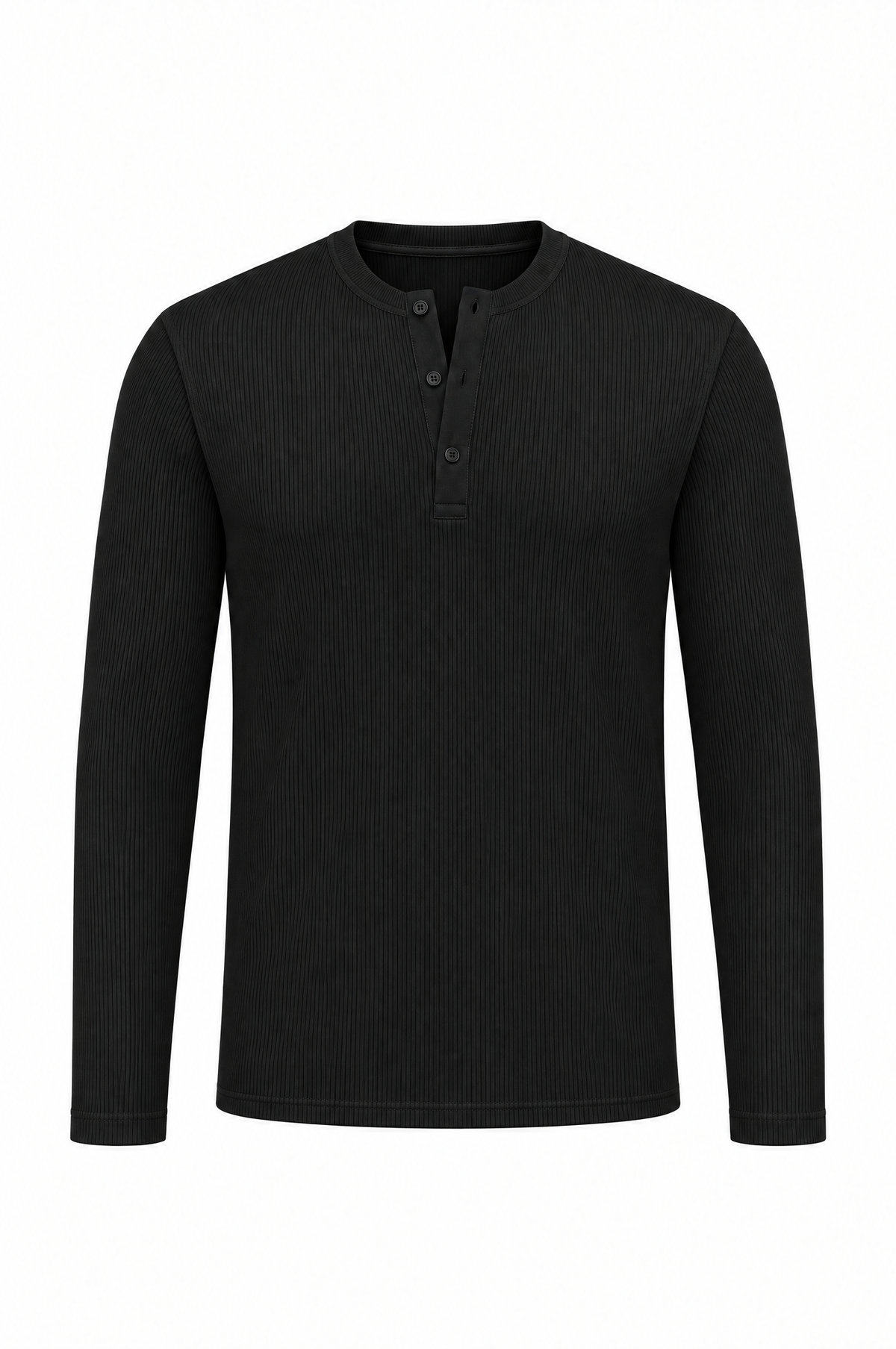 Black long sleeve henley shirt, flat lay