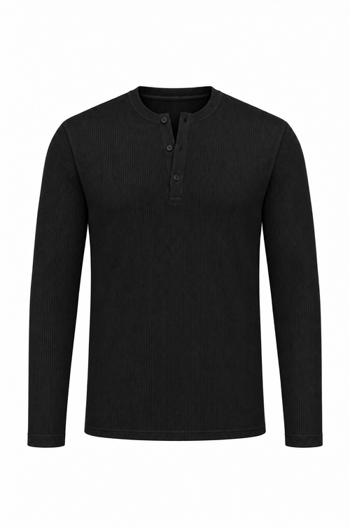 Black long sleeve henley shirt, flat lay