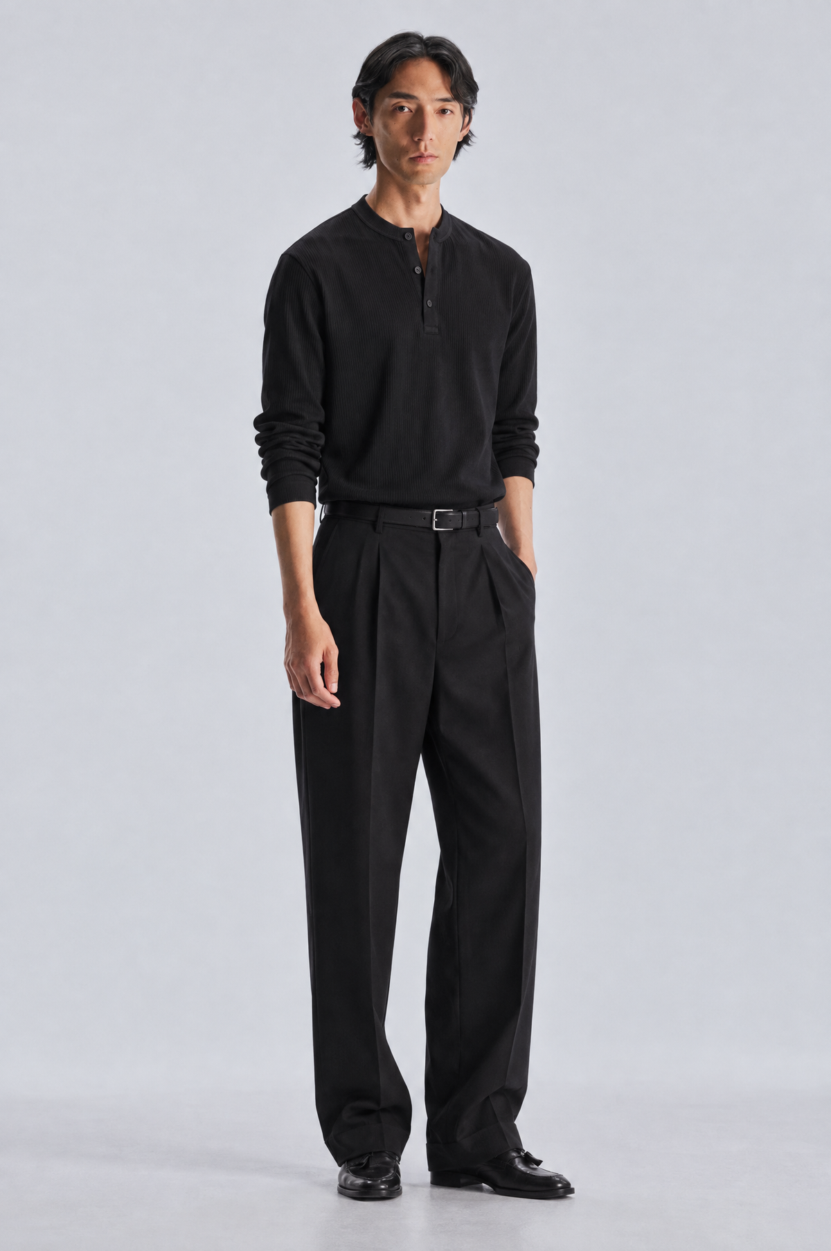 Black long sleeve henley shirt, front