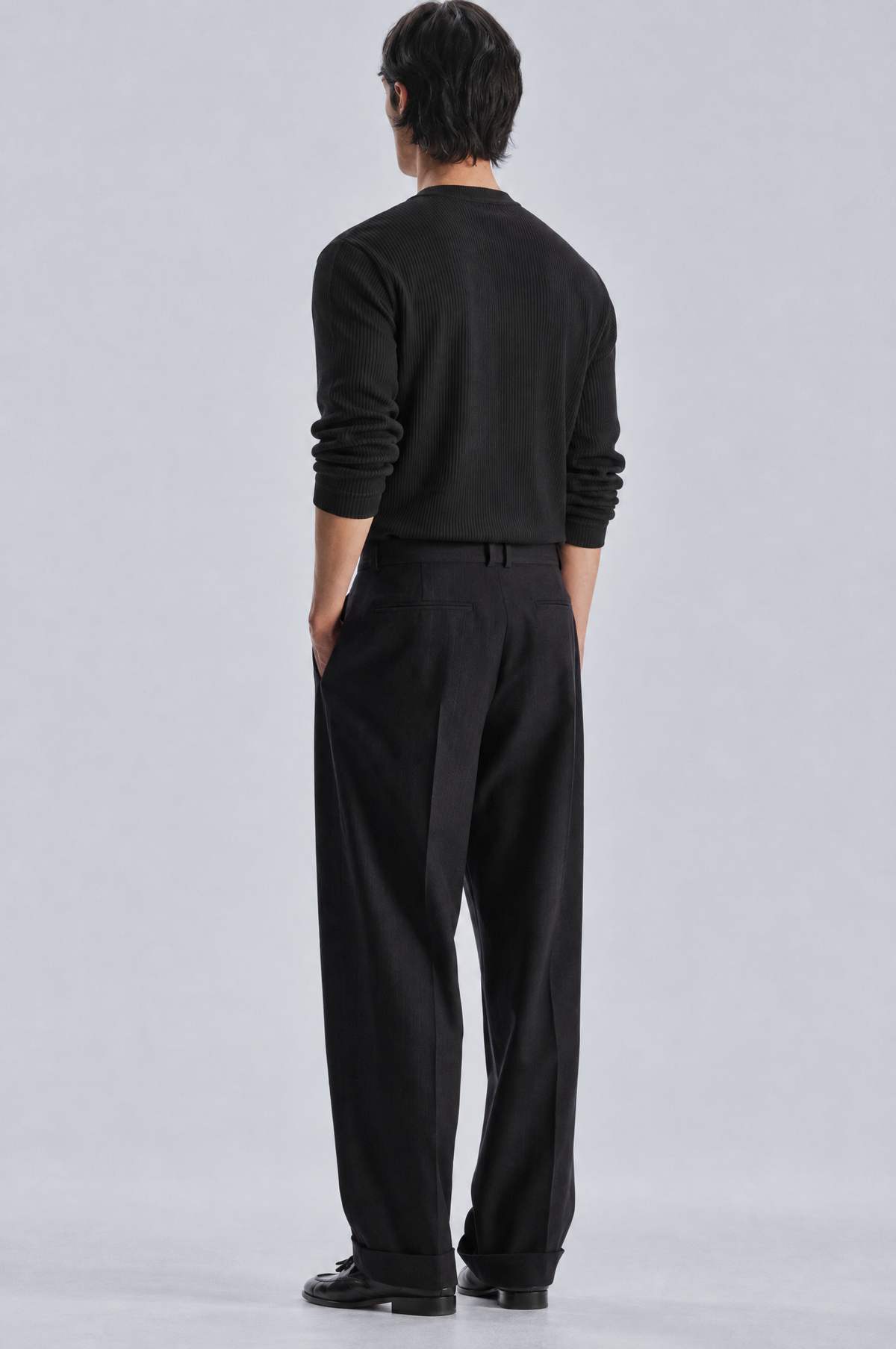 Black long sleeve henley shirt, back