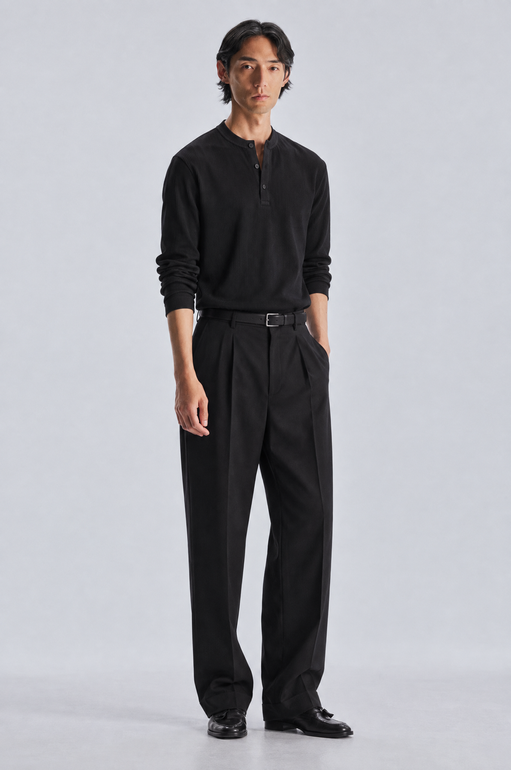 Midnight Black Tailored Trousers styled with the black long sleeve henley, front
