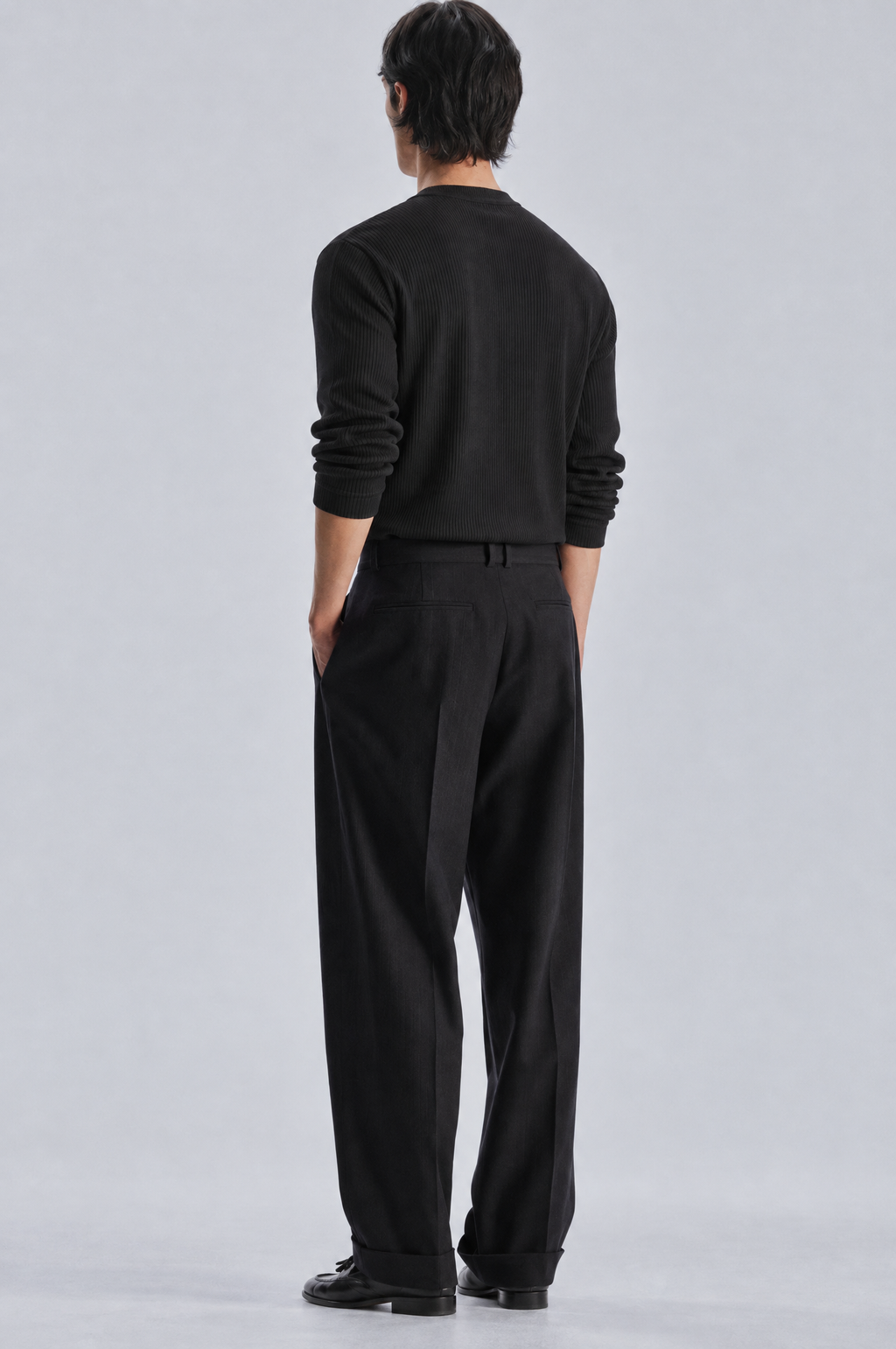 Midnight Black Tailored Trousers styled with the black long sleeve henley, back