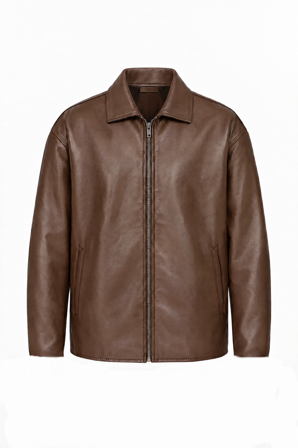 Brown leather jacket, flat lay