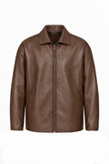 Brown leather jacket, flat lay