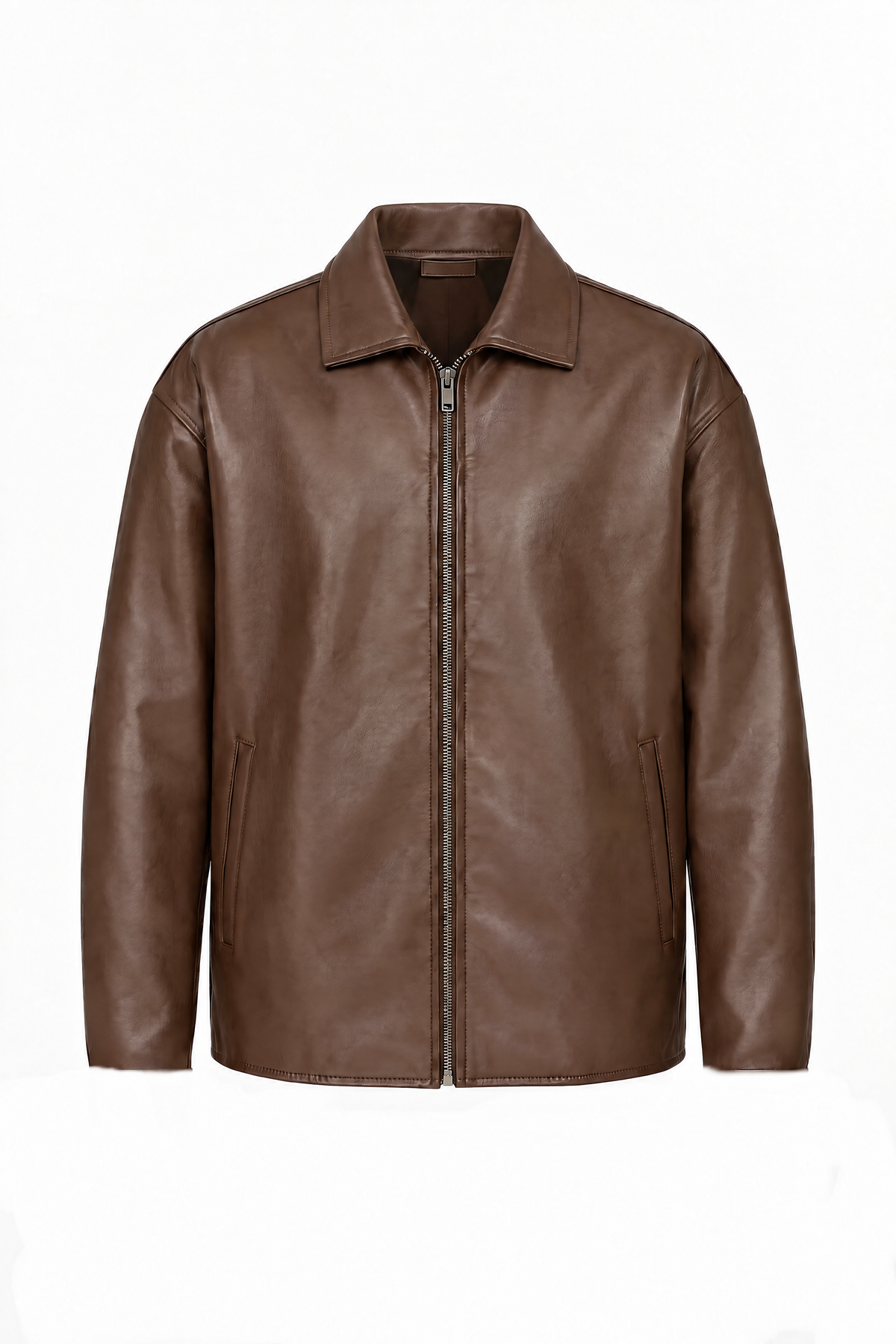 Brown leather jacket, flat lay