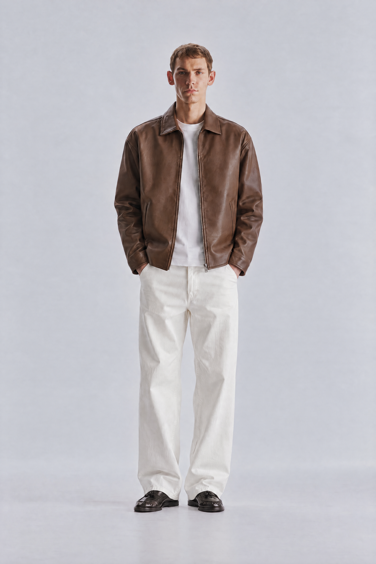 Brown leather jacket, front