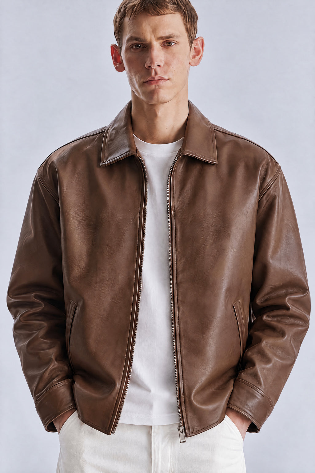 Brown leather jacket, close-up