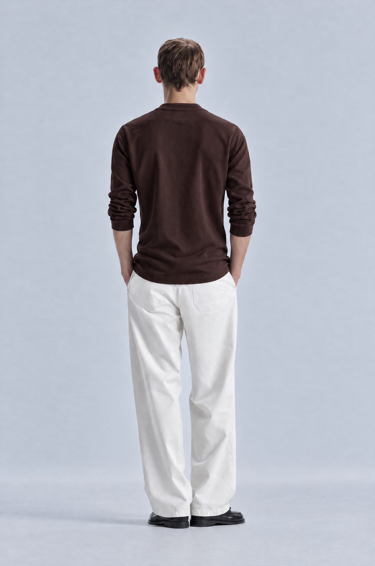 Brown long sleeve henley shirt, back