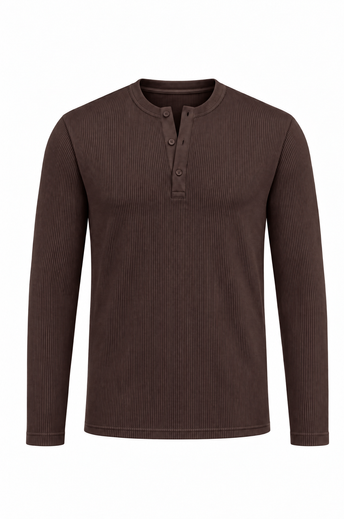 Brown long sleeve henley shirt, flat lay