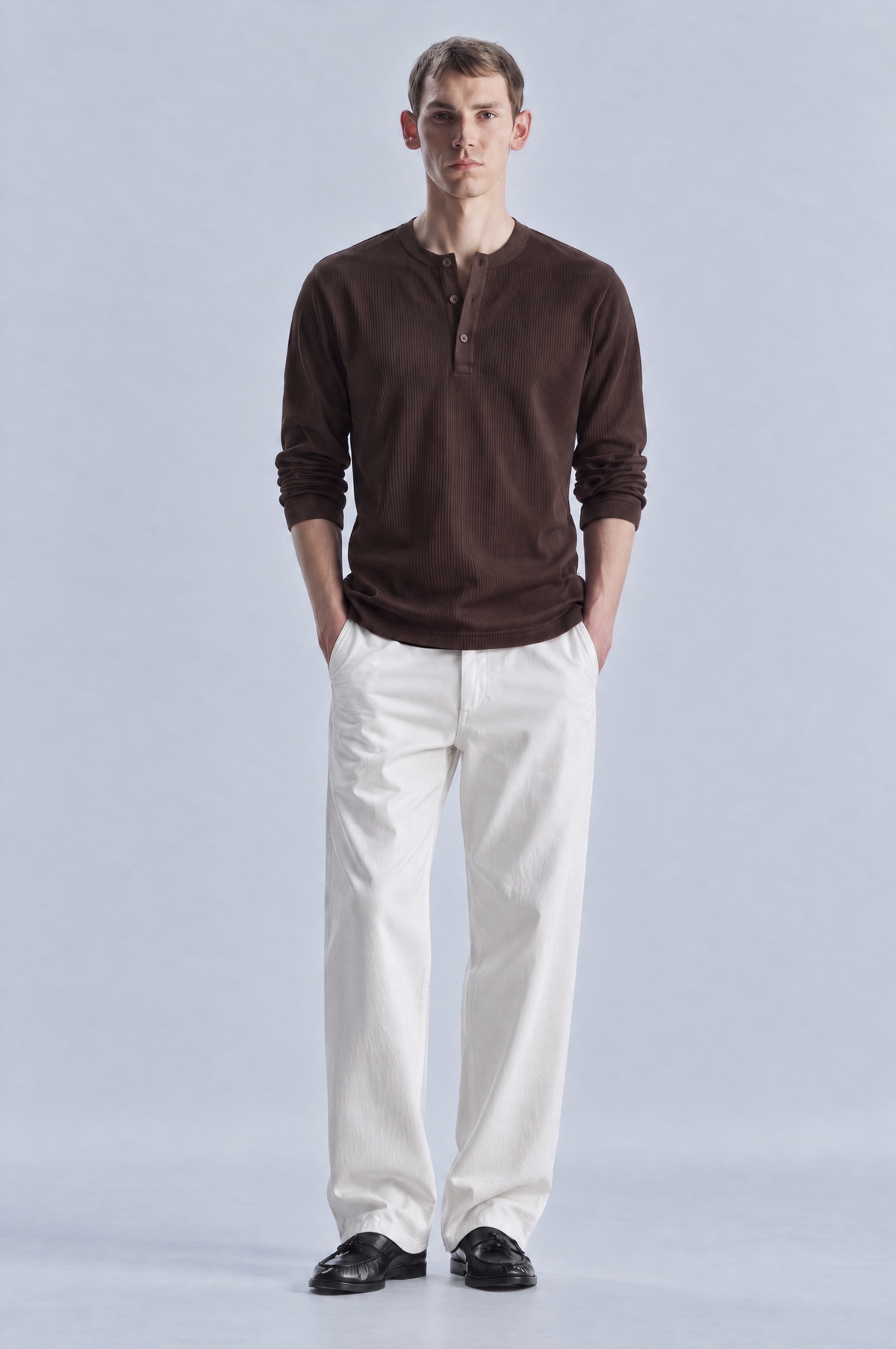 Brown long sleeve henley shirt, front