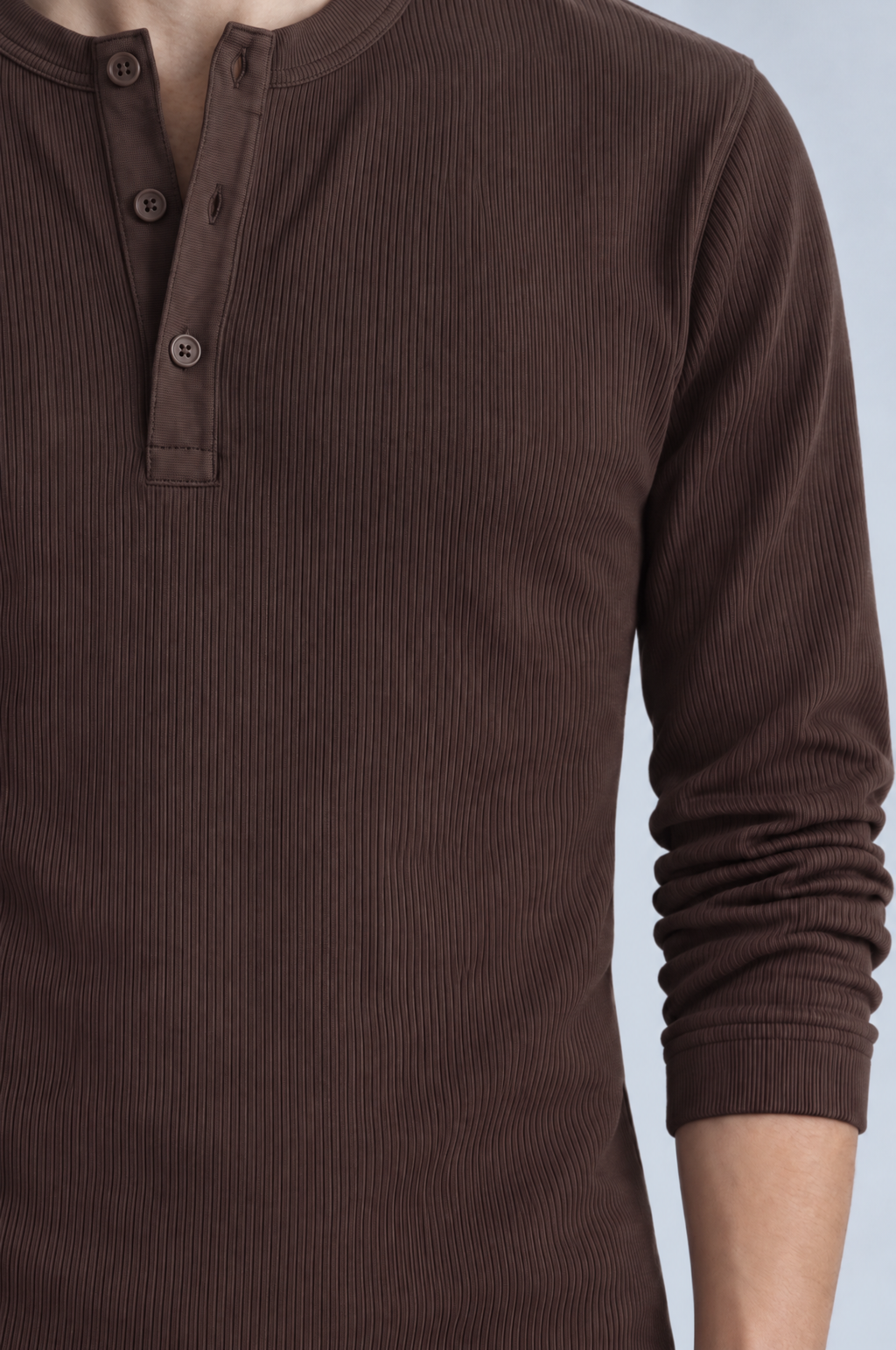 Brown long sleeve henley shirt, placket close-up