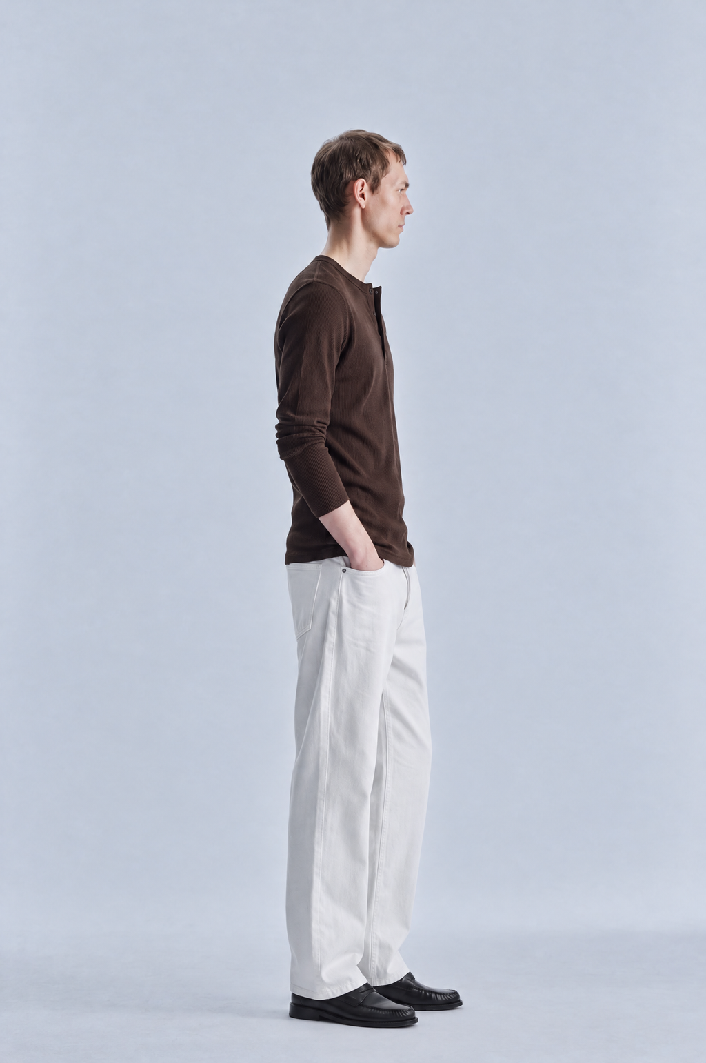 Brown long sleeve henley shirt, side