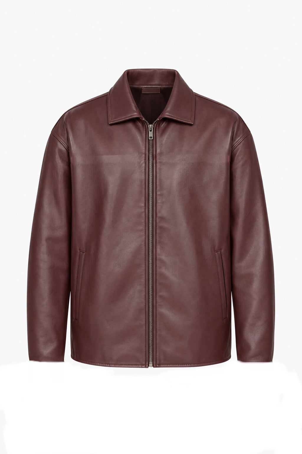 Burgundy leather jacket, flat lay