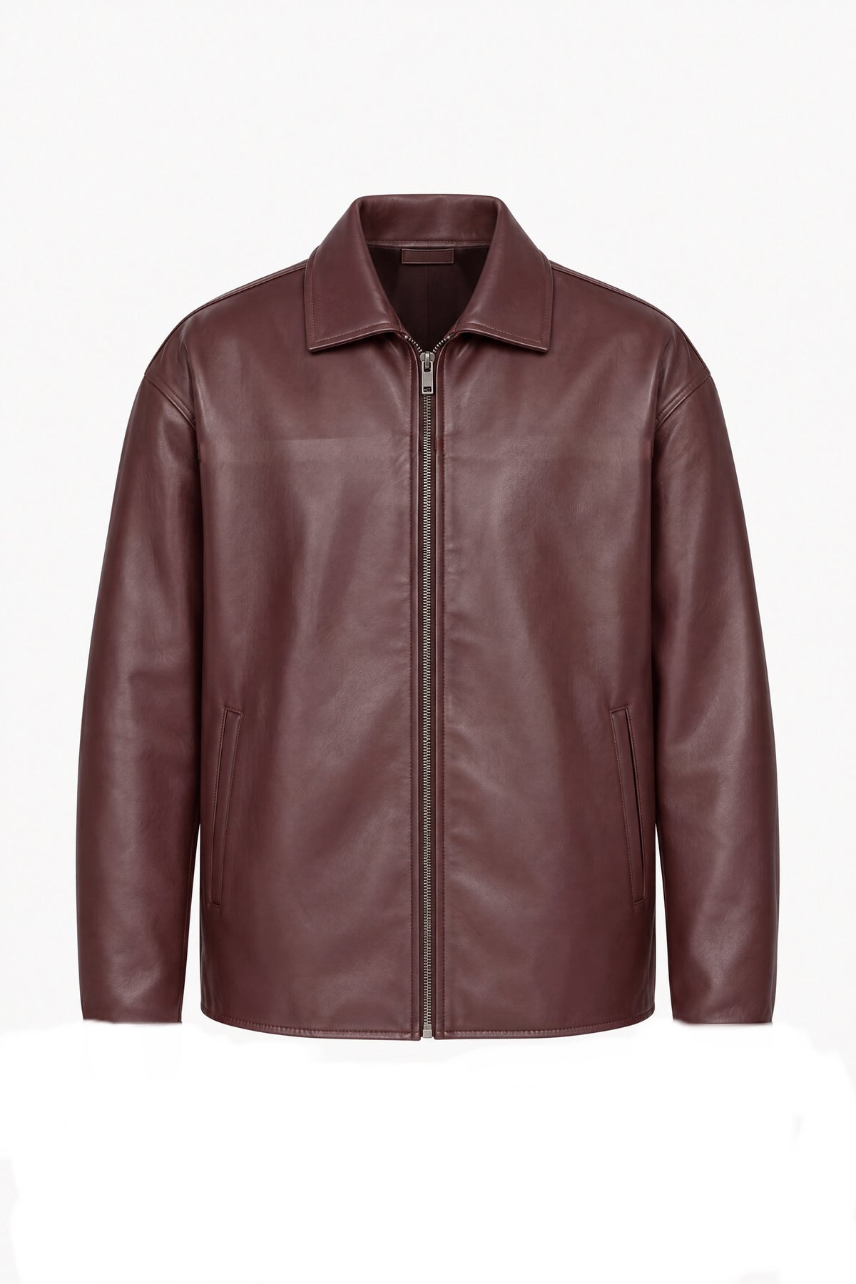 Burgundy leather jacket, flat lay
