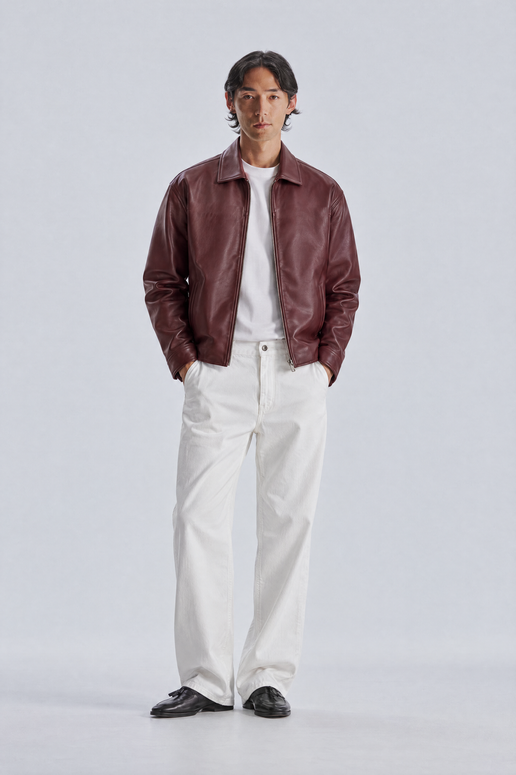 Burgundy leather jacket, front