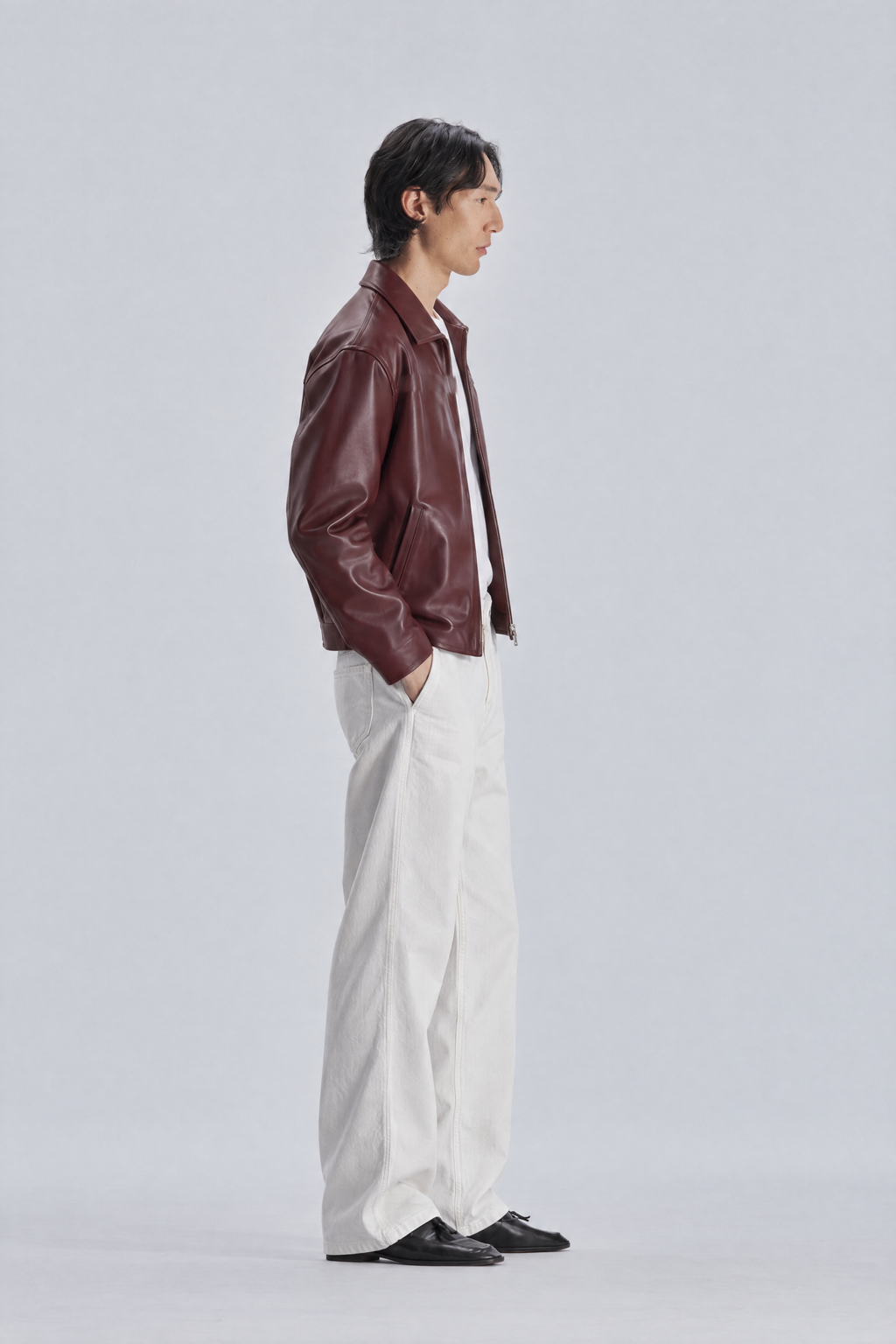 Burgundy leather jacket, side