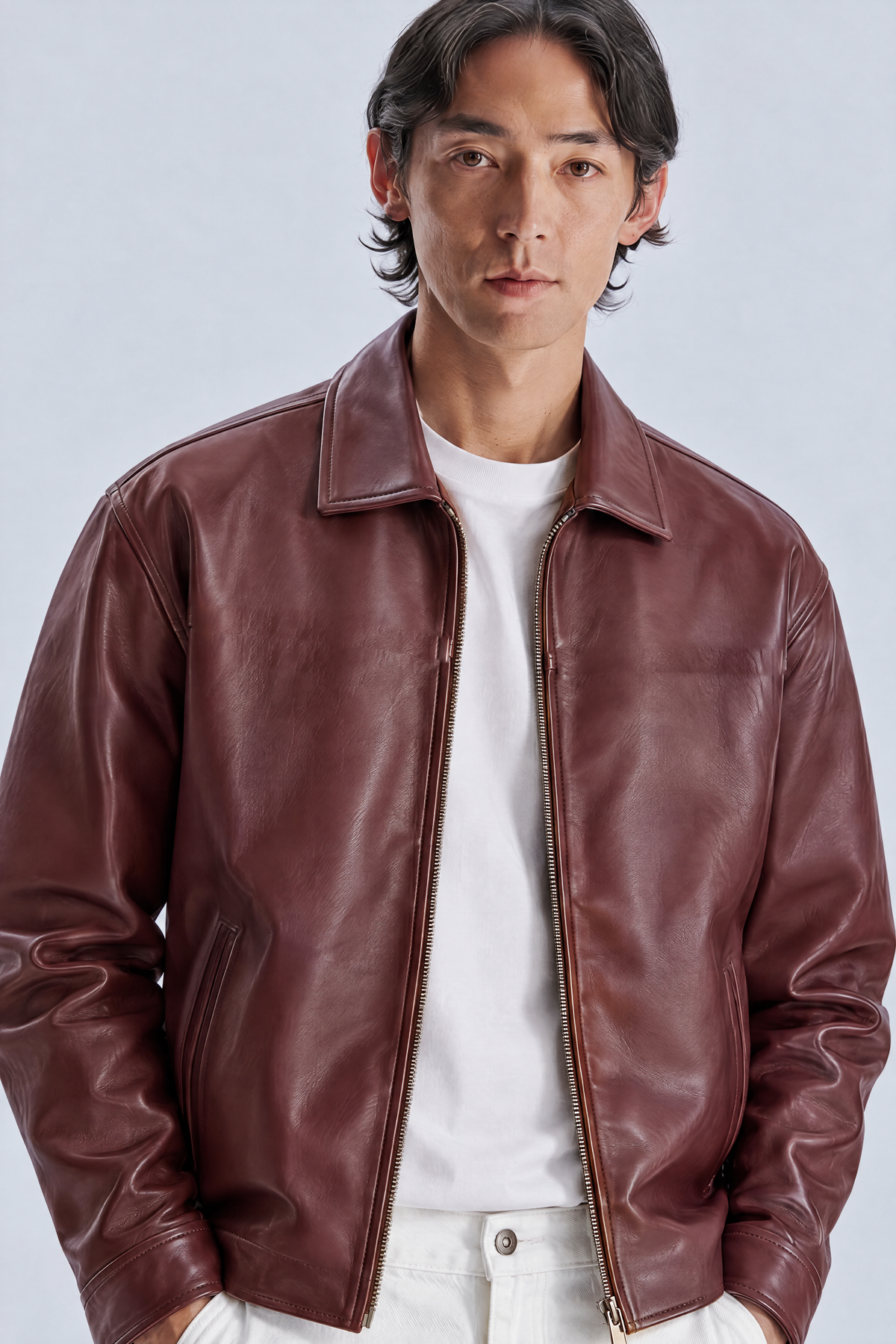 Burgundy leather jacket, close-up