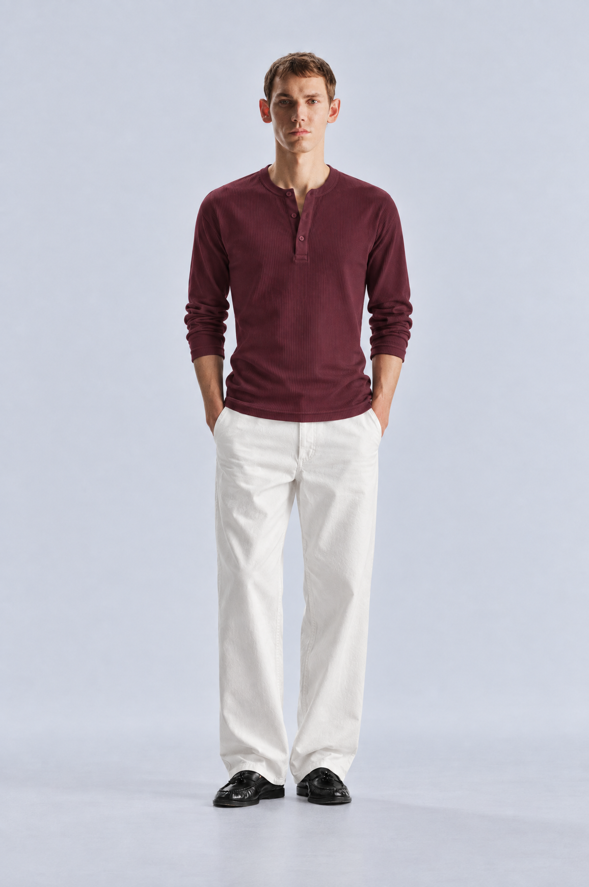 Burgundy long sleeve henley shirt, front