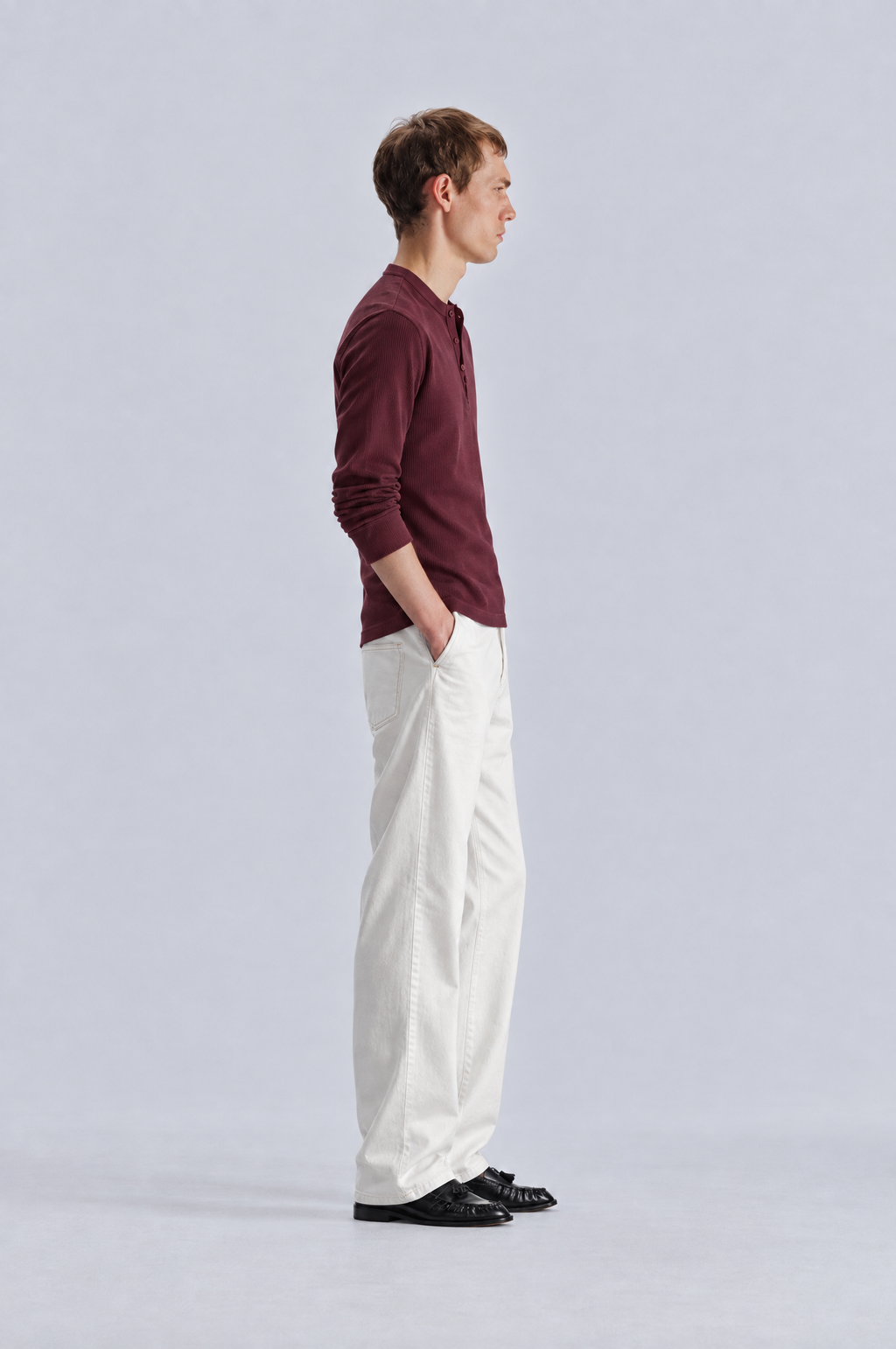 Burgundy long sleeve henley shirt, side