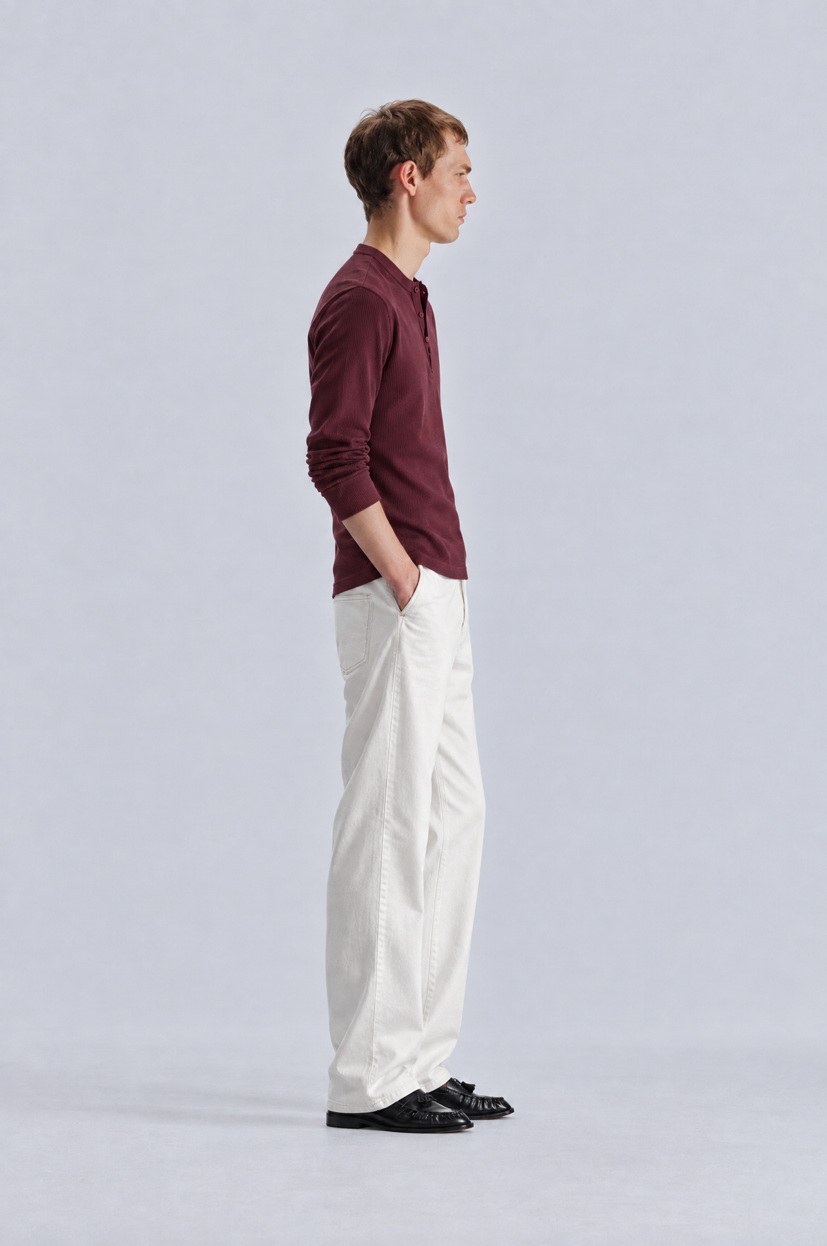 Burgundy long sleeve henley shirt, side