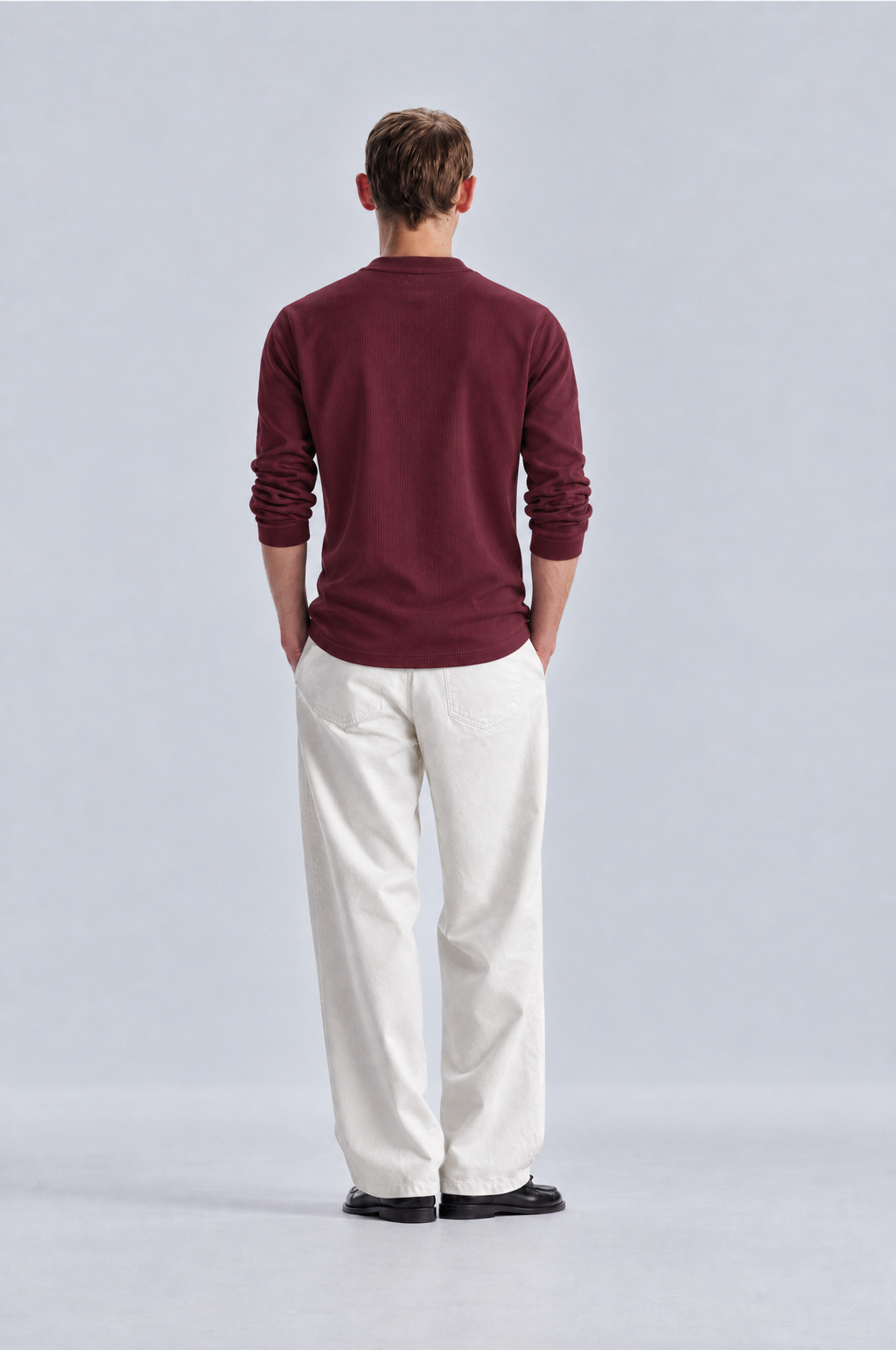 Burgundy long sleeve henley shirt, back