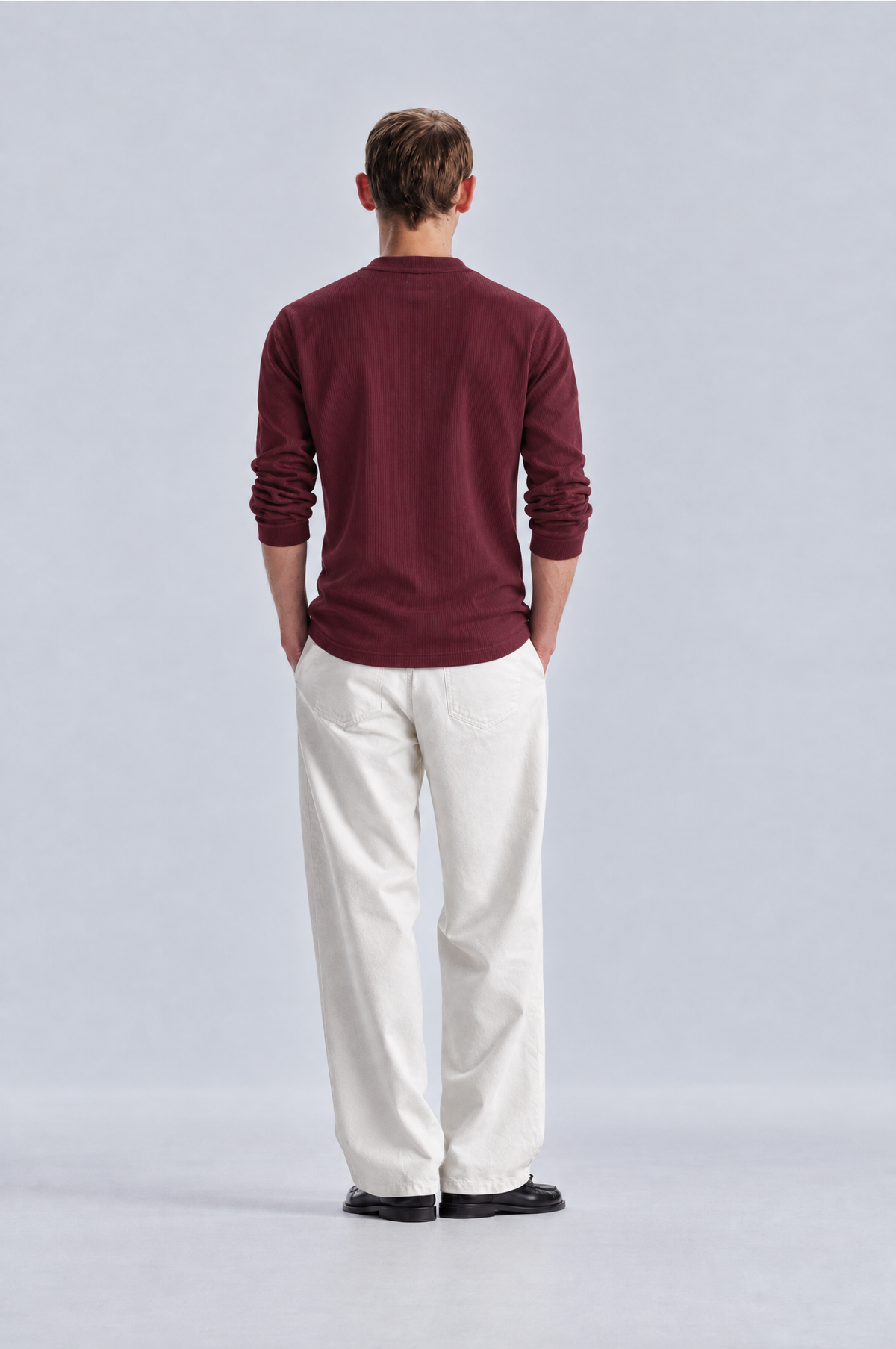 Burgundy long sleeve henley shirt, back