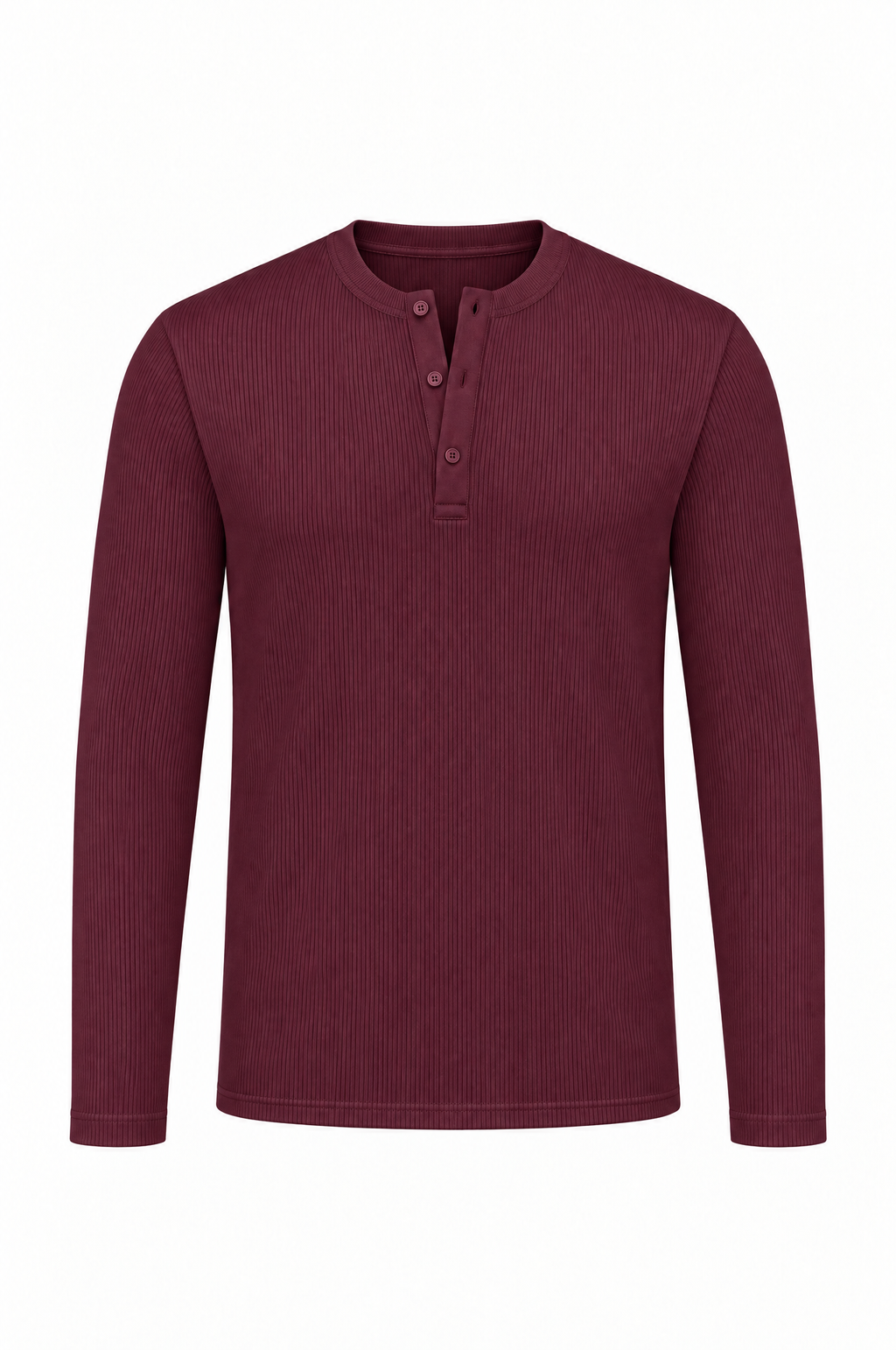 Burgundy long sleeve henley shirt, flat lay