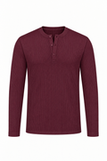 Burgundy long sleeve henley shirt, flat lay