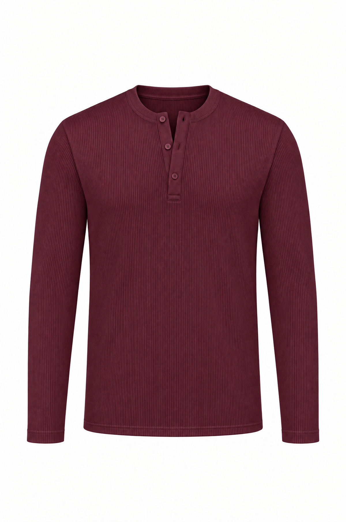 Burgundy long sleeve henley shirt, flat lay