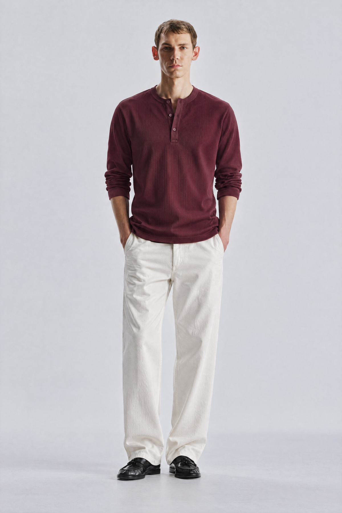 Burgundy long sleeve henley shirt, front