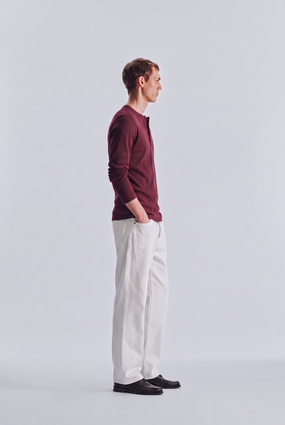 Burgundy long sleeve henley shirt, side
