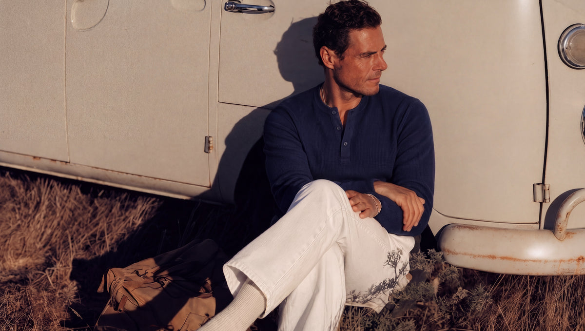 bydefault. navy long sleeve henley and white denim, vintage van