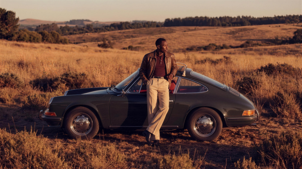 bydefault. brown leather jacket and cream trousers, vintage car in a golden field