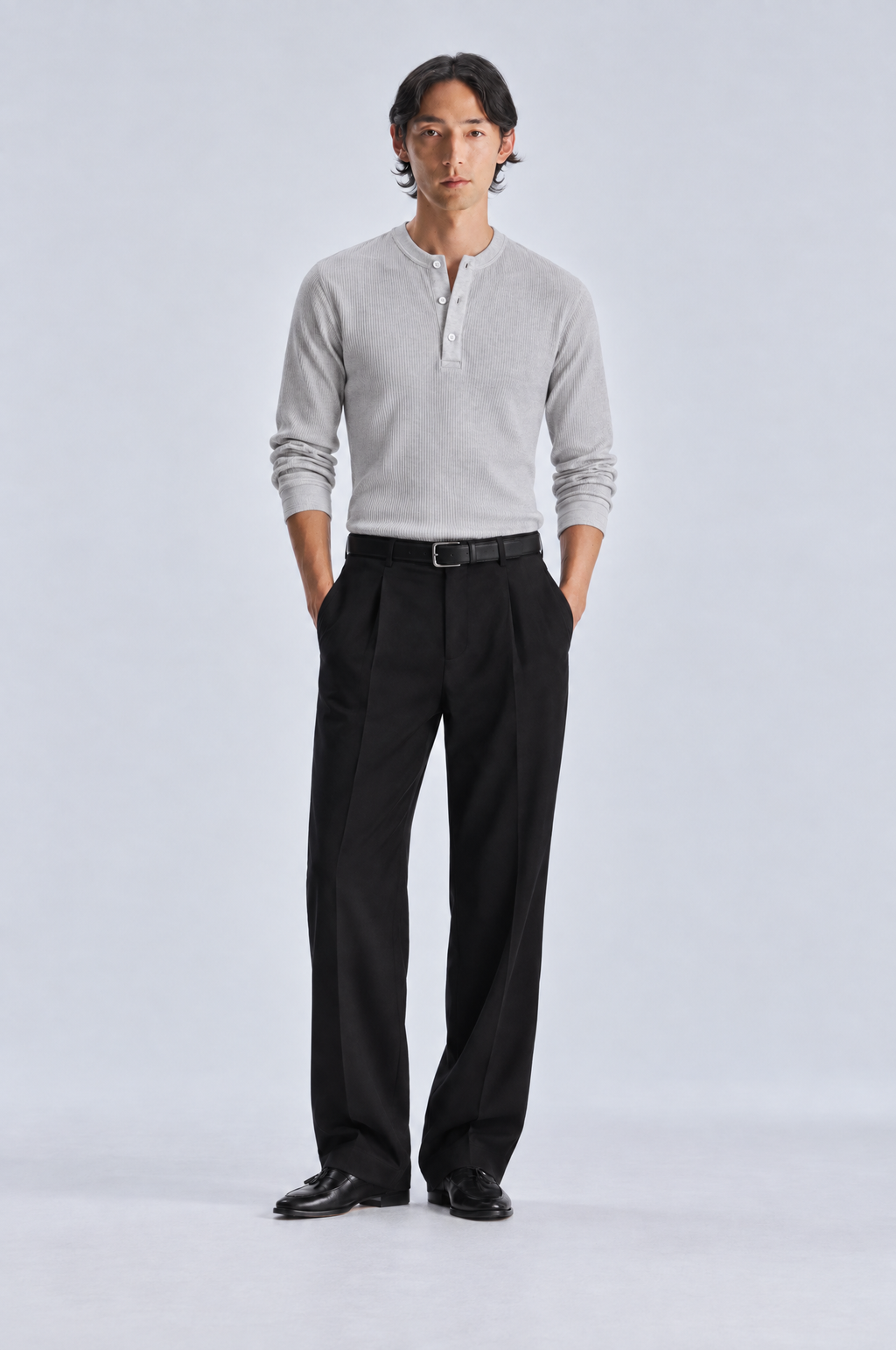 Grey long sleeve henley shirt, front