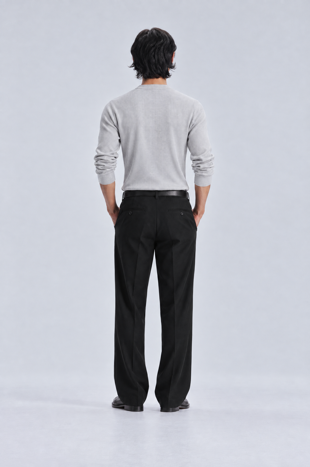 Grey long sleeve henley shirt, back