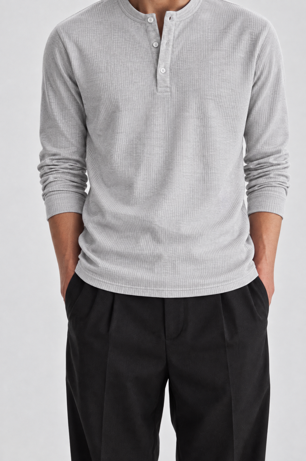 Grey long sleeve henley shirt, placket close-up